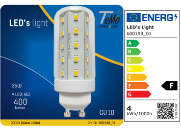 1 STÜCK (VPE) SHADA LED Röhrenform GU10 400lm 4W, warmweiss 2700K, T30 klar, EEC: F (0600199_01)